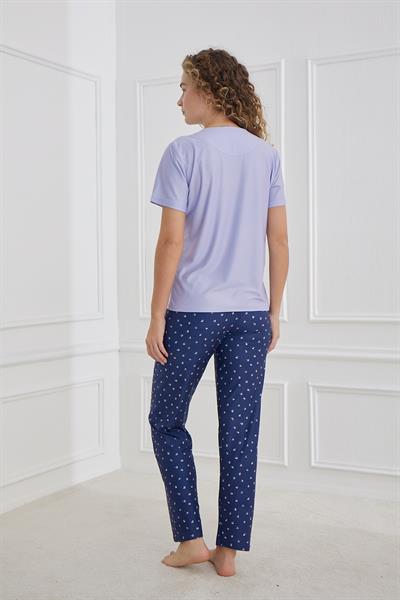 Kadın Desenli Bisiklet Yaka Pijama Takım | Lavanta 30102-1291