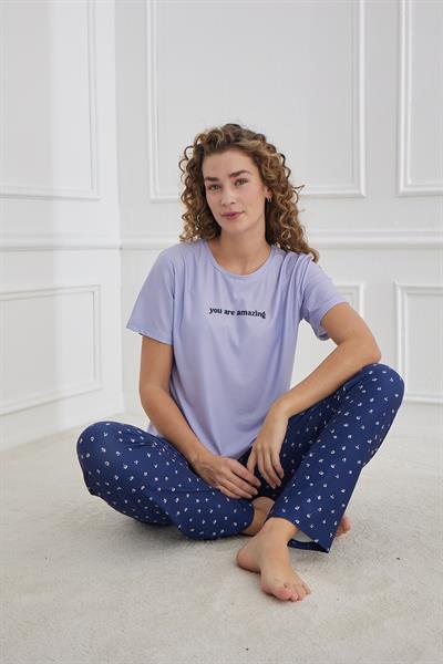 Kadın Desenli Bisiklet Yaka Pijama Takım | Lavanta 30102-1291