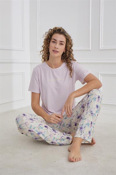 Kadın Bisiklet Yaka Çiçek Desenli Pijama Takım | Lila 30102-1168