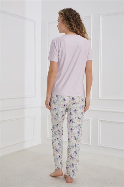 Kadın Bisiklet Yaka Çiçek Desenli Pijama Takım | Lila 30102-1168