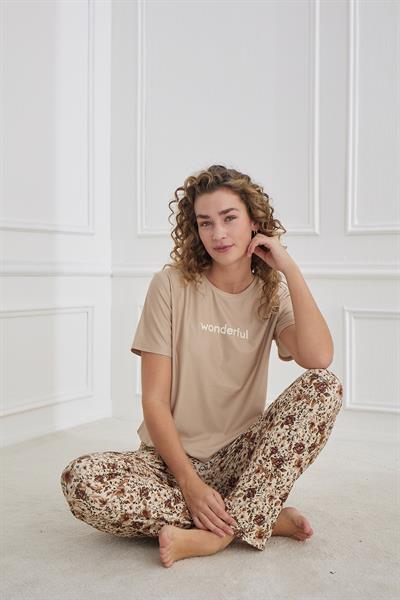 kadın Desenli Bisiklet Yaka Kısa Kollu  Pijama Takım | Kahverengi 30102-1173