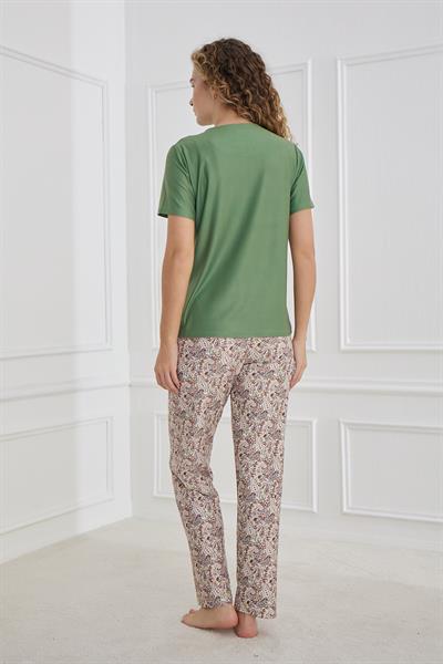 Kadın Şal Desenli Bisiklet Yaka Pijama Takım | Yeşil 30102-1172