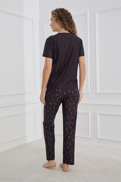 Kadın Çiçek Desenli Kısa kollu  Pijama Takım | Siyah 30102-1167