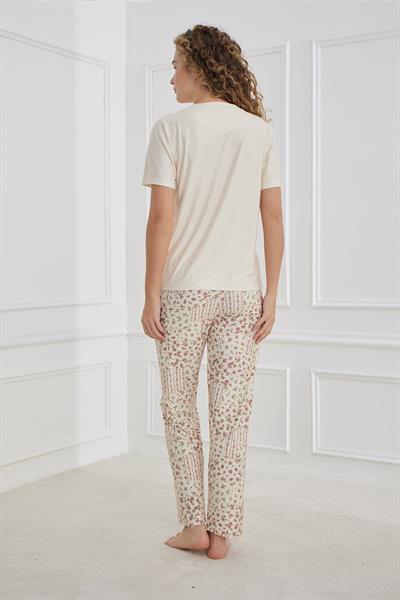 Kadın Çiçek Desenli Bisiklet Yaka Pijama Takım | Bej 30102-1169