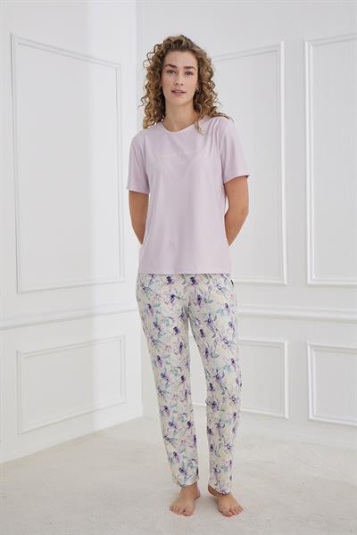 Kadın Bisiklet Yaka Çiçek Desenli Pijama Takım | Lila 30102-1168