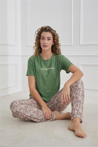 Kadın Şal Desenli Bisiklet Yaka Pijama Takım | Yeşil 30102-1172