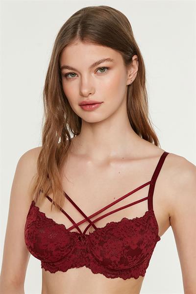 Önden İpli Dantel Detay Destekli Sütyen | Bordo 7080