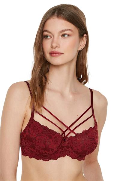 Önden İpli Dantel Detay Destekli Sütyen | Bordo 7080