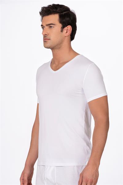 Pamuklu Modal V Yaka Kısa Kollu Tişört Fanila | Beyaz K11143