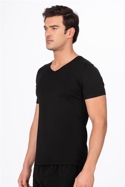 Pamuklu Modal V Yaka Kısa Kollu Tişört Fanila | Siyah K11143