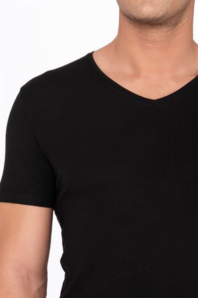 Pamuklu Modal V Yaka Kısa Kollu Tişört Fanila | Siyah K11143