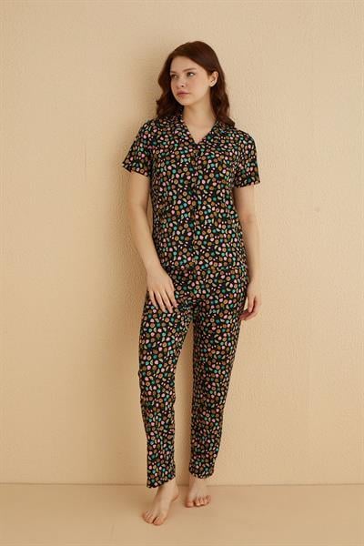 Genç Önden Düğmeli Pijama Pijama Takım | Siyah 80124-70