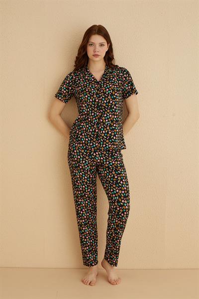 Genç Önden Düğmeli Pijama Pijama Takım | Siyah 80124-70