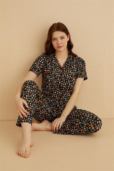 Genç Önden Düğmeli Pijama Pijama Takım | Siyah 80124-70