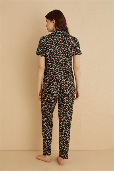 Genç Önden Düğmeli Pijama Pijama Takım | Siyah 80124-70