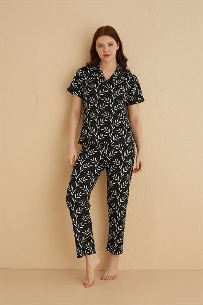Genç Önden Düğmeli Pijama Takım | Siyah 80124-73