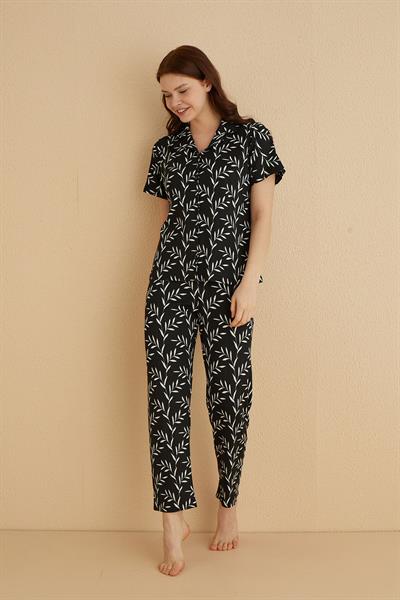 Genç Önden Düğmeli Pijama Takım | Siyah 80124-73