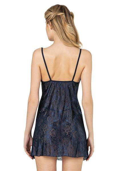 Kadın Dantelli Yırtmaç Detay Mini Gecelik | Lacivert 8051