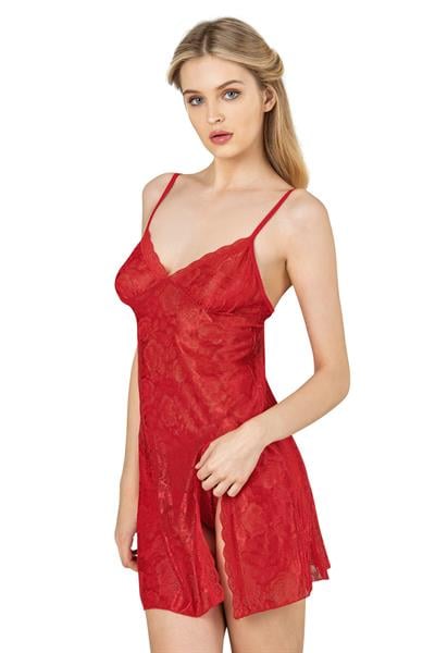 Kadın Dantelli Yırtmaç Detay Mini Gecelik | Kırmızı 8051
