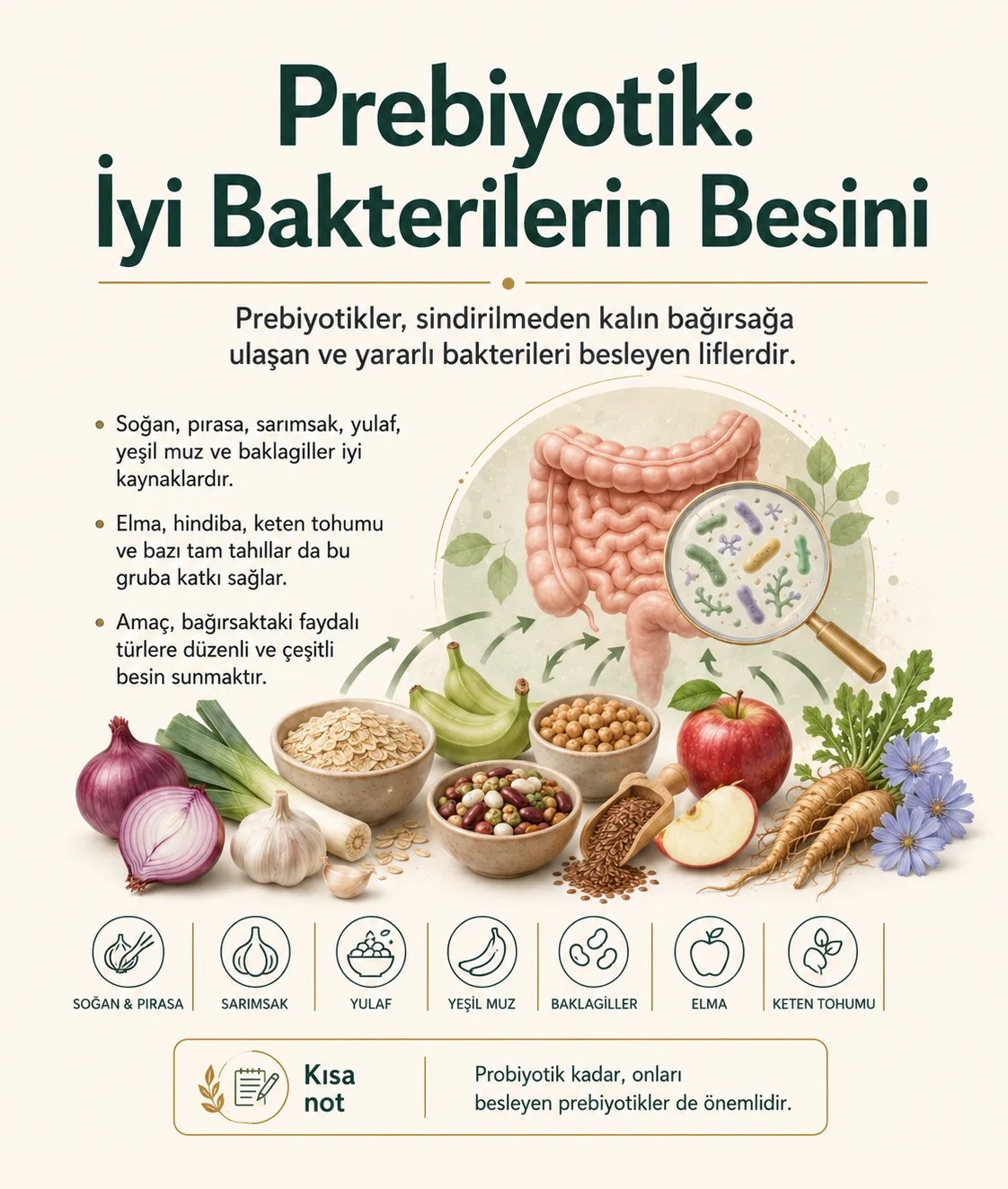 Prebiyotik kaynakları: soğan, pırasa, sarımsak, yulaf, yeşil muz, baklagiller, elma, hindiba ve keten tohumu