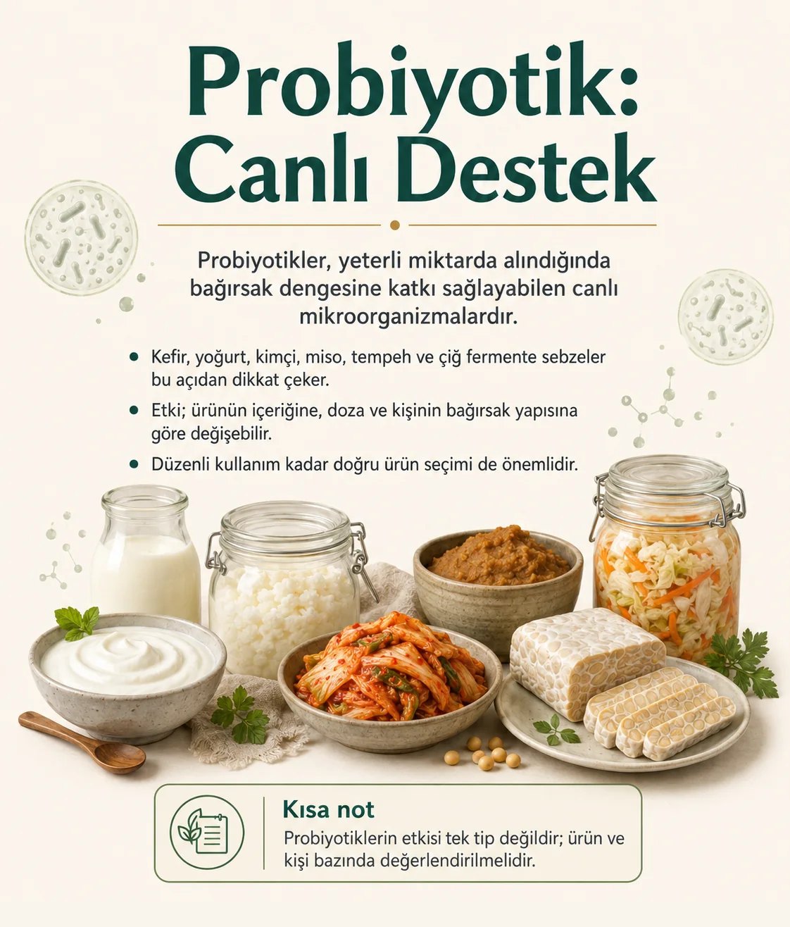 Probiyotik: kefir, yoğurt, kimçi, miso, tempeh ve çiğ fermente sebzeler