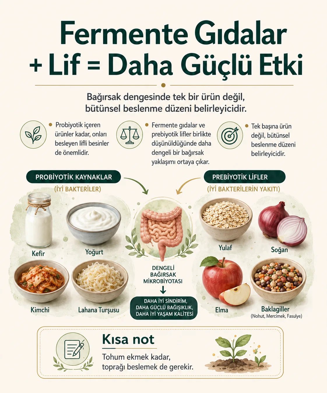 Probiyotik kaynaklar ve prebiyotik lifler birlikte: kefir, yoğurt, kimçi, lahana turşusu, yulaf, soğan, elma ve baklagiller