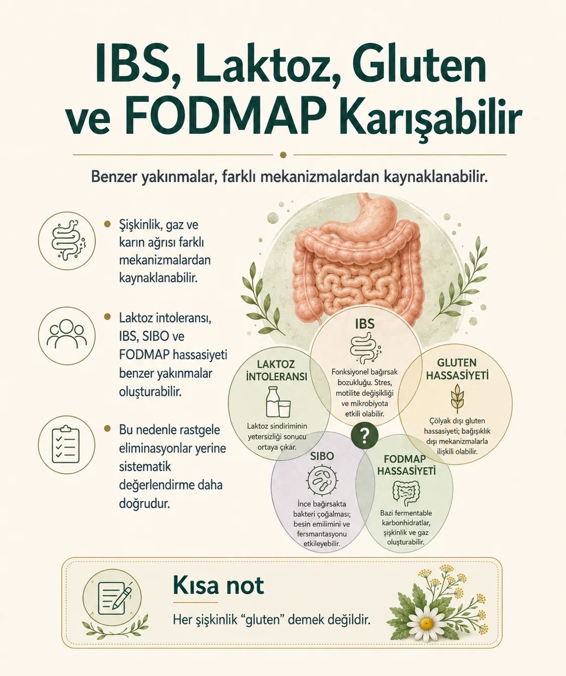 IBS, laktoz intoleransı, gluten hassasiyeti, SIBO ve FODMAP hassasiyeti benzer yakınmalara yol açabilir