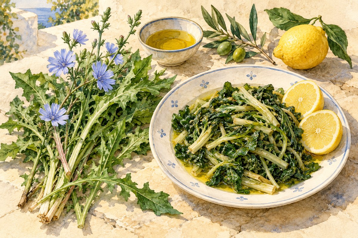 Zeytinyağı ve limonla hazırlanmış Ege acı otları, hindiba yaprakları ve mavi hindiba çiçekleri suluboya çizimi