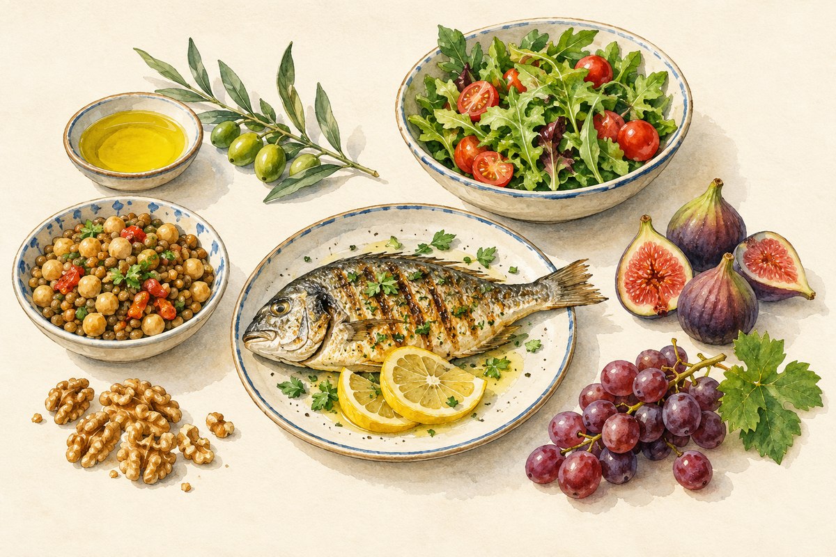 Zeytinyağı, balık, yeşil salata, baklagiller, ceviz, incir ve üzümden oluşan Akdeniz sofrası suluboya çizimi