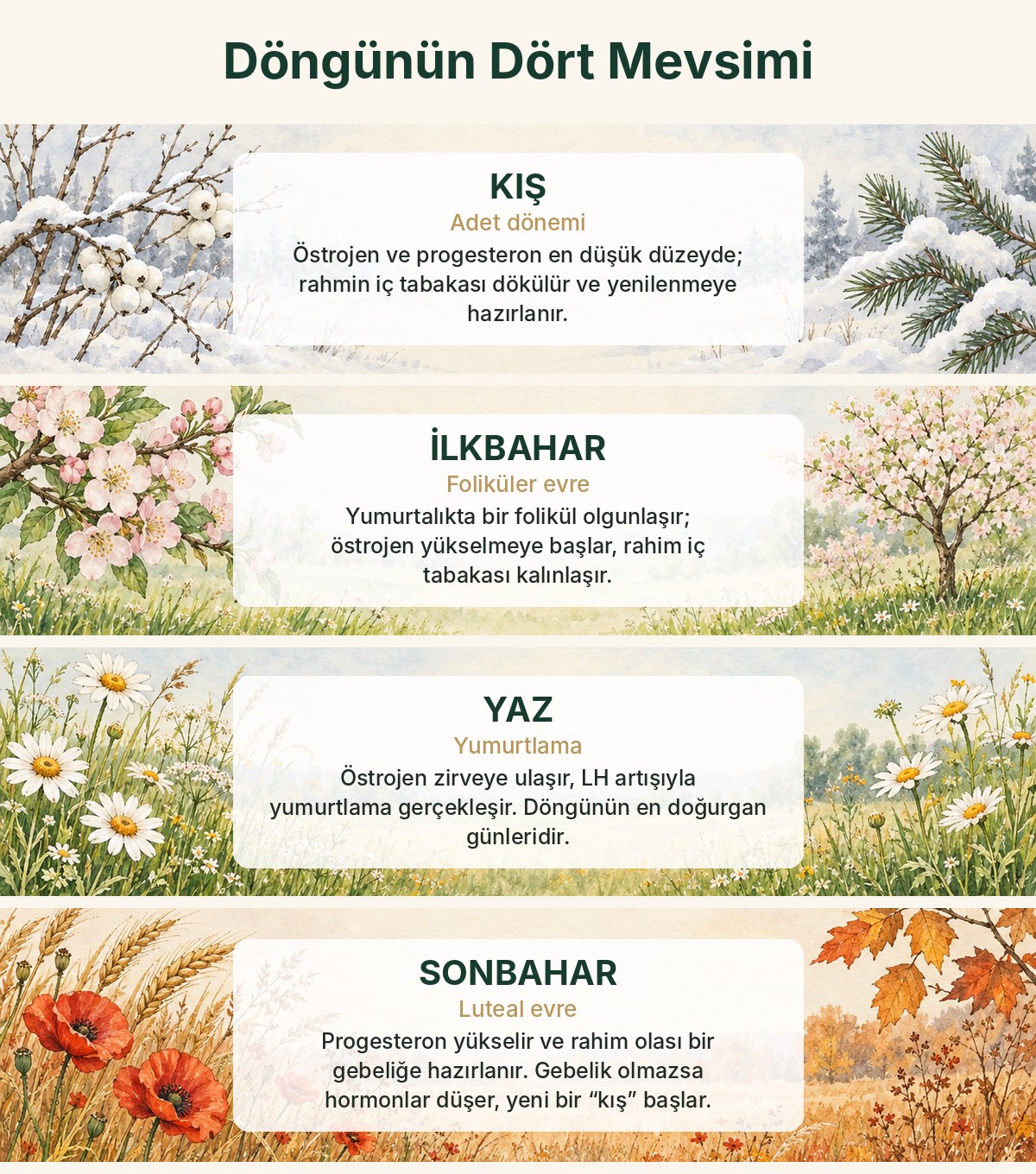Menstrüel döngünün dört evresi mevsimlere benzetilerek: kış adet dönemi, ilkbahar foliküler evre, yaz yumurtlama, sonbahar luteal evre