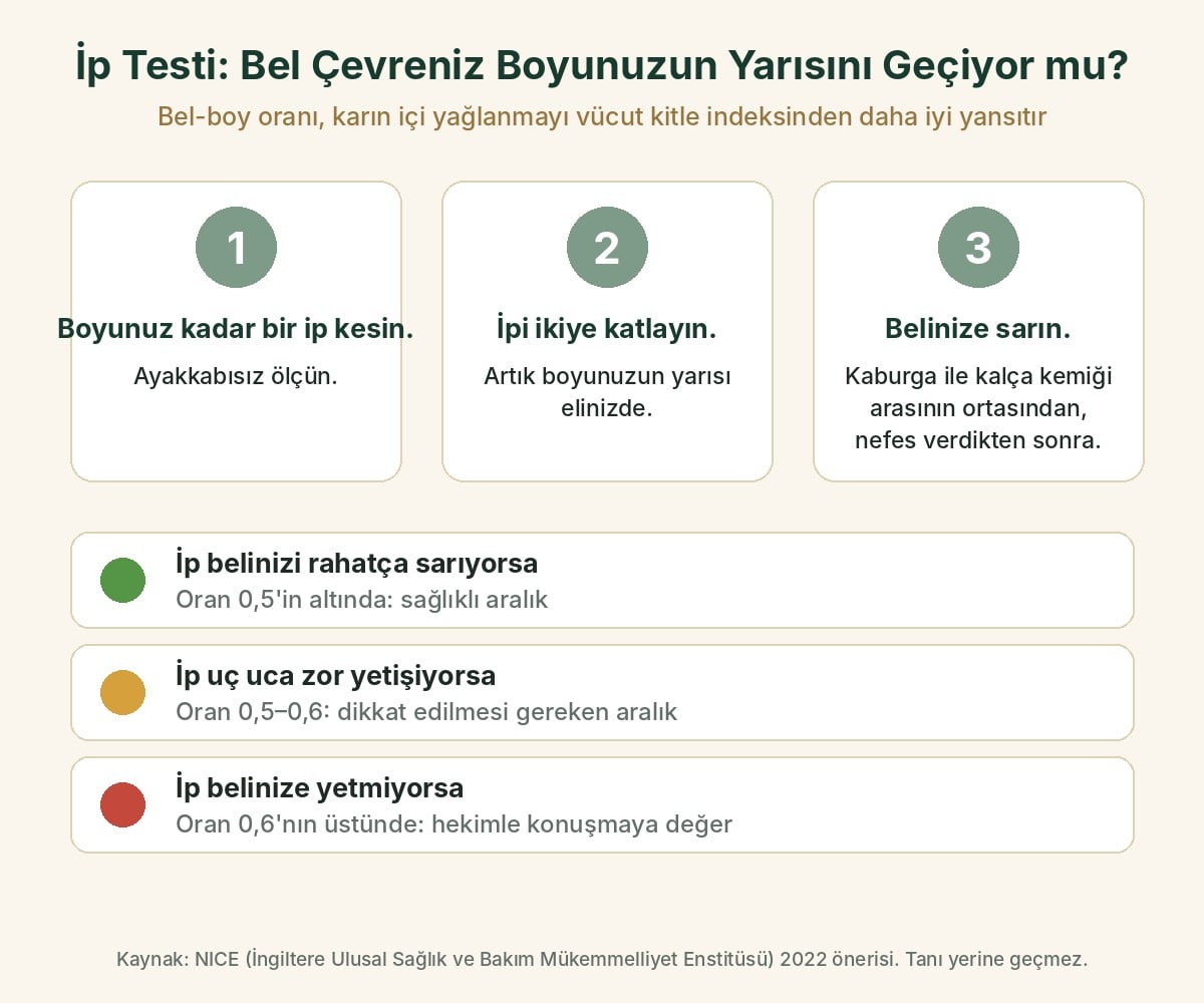 İp testi: boyunuz kadar bir ipi ikiye katlayıp belinize sarın; ip belinizi rahatça sarıyorsa bel-boy oranınız 0,5'in altındadır