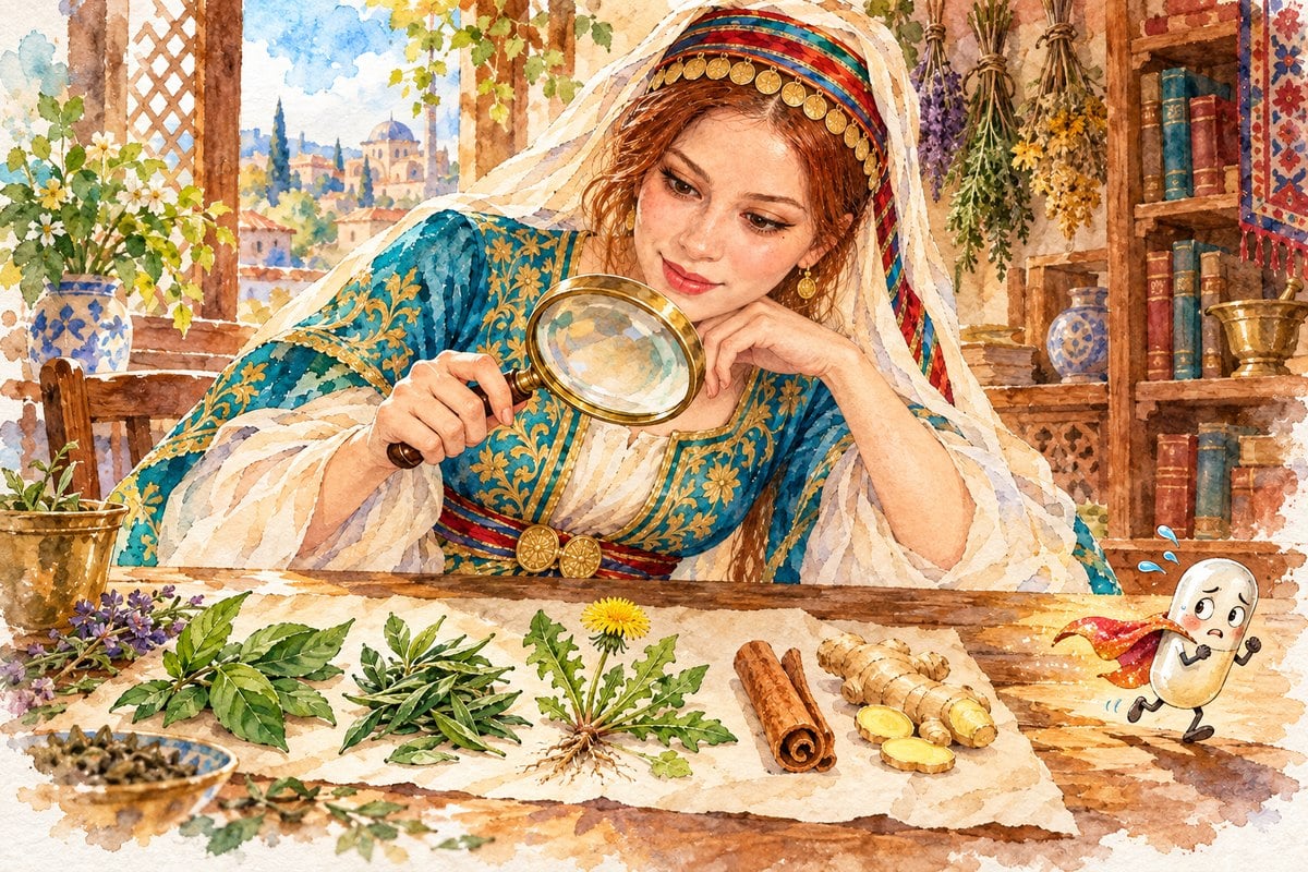Daye Hatun elinde büyüteçle masadaki gurmar, yeşil çay, karahindiba, tarçın ve zencefili inceliyor; pelerinli küçük bir mucize hap karakteri terleyerek kaçıyor