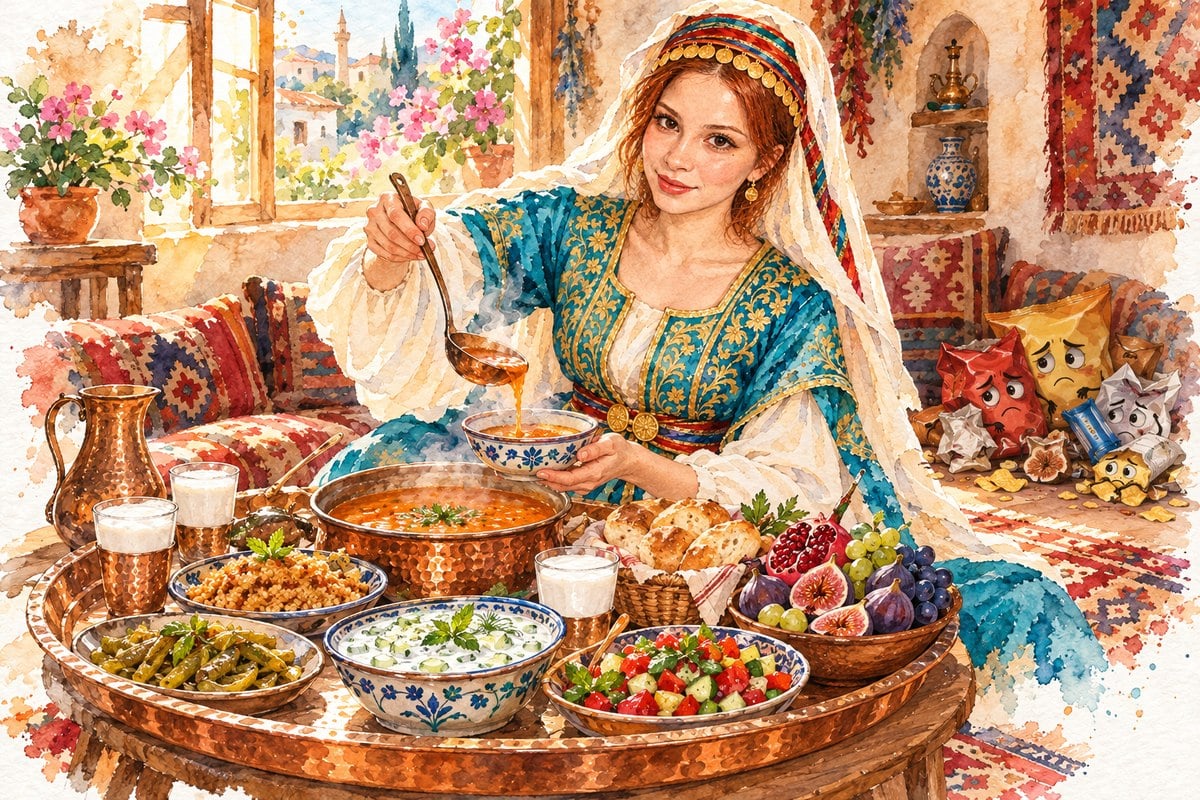 Daye Hatun bakır sinide hazırlanmış geleneksel bir Anadolu sofrasında: mercimek çorbası, bulgur pilavı, zeytinyağlı, cacık, salata ve mevsim meyveleri