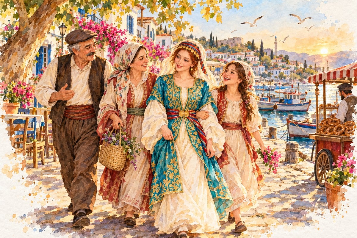 Gün batımında bir Ege sahil kasabasında Daye Hatun annesi, babası ve kız kardeşiyle kol kola yürüyor