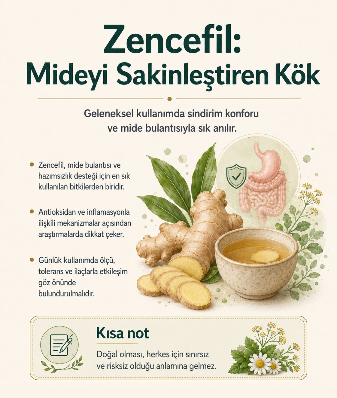 Zencefil: mide bulantısı ve hazımsızlıkta geleneksel olarak kullanılan kök