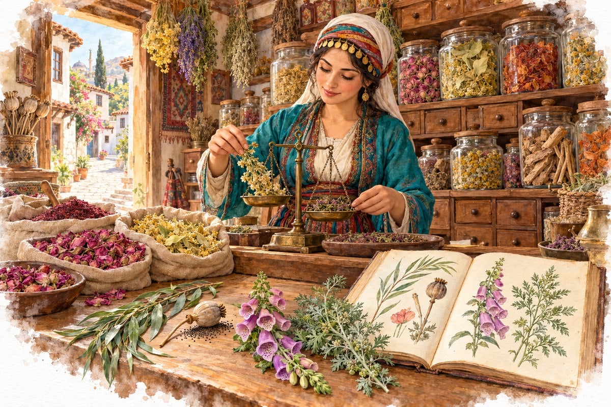 Eski bir Anadolu aktar dükkânında Daye Hatun, kurutulmuş bitkilerle dolu ahşap çekmeceler ve cam kavanozlar arasında