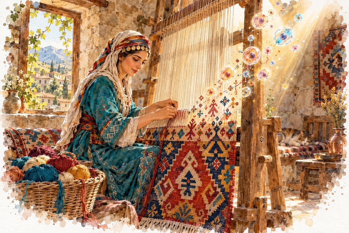 Daye Hatun ahşap tezgâhta kilim dokuyor; kilimin motifleri küçük, ışıl ışıl hücrelere dönüşüyor