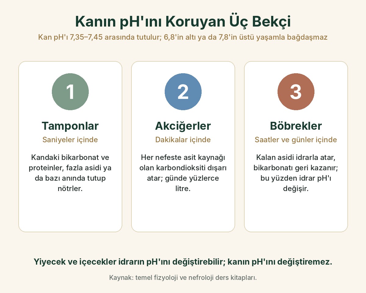 Kanın pH'ını koruyan üç bekçi: saniyeler içinde çalışan tamponlar, dakikalar içinde çalışan akciğerler ve saatler-günler içinde çalışan böbrekler