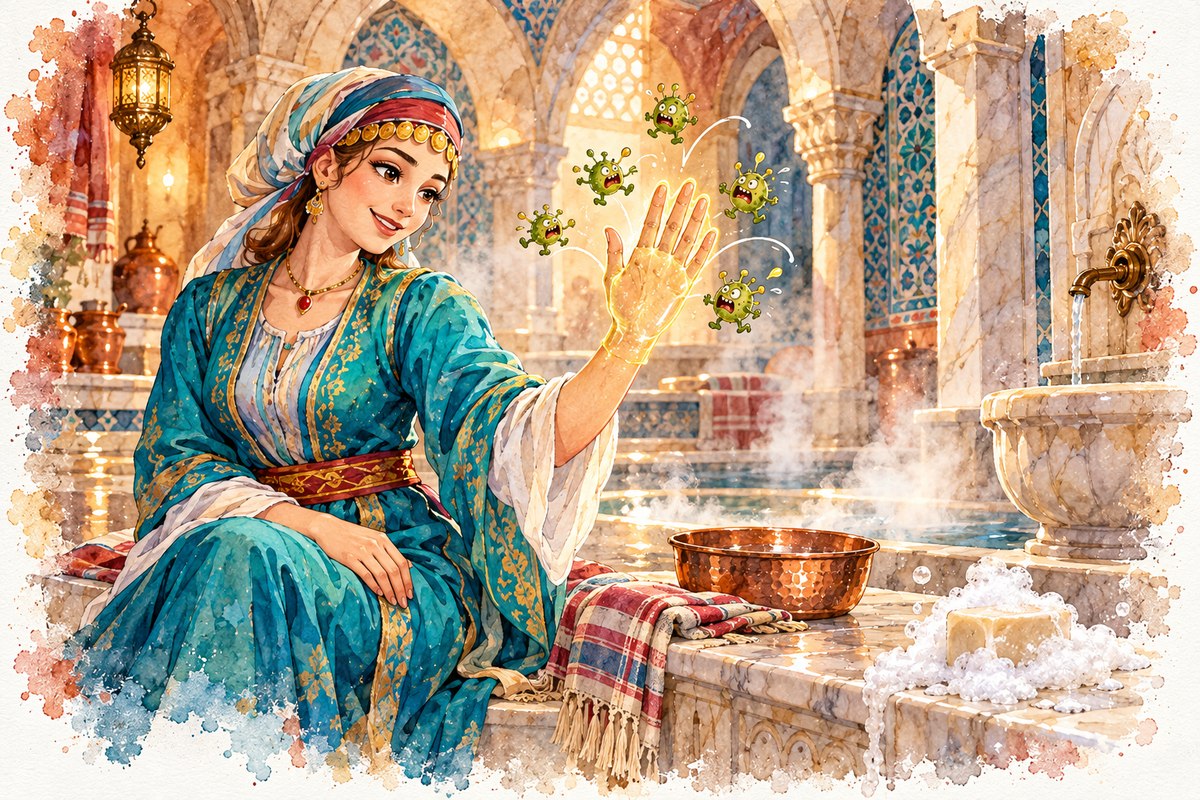 Hamamda oturan Daye Hatun'un parıldayan elinden mikroplar sekiyor; cildin asit kalkanı iş başında