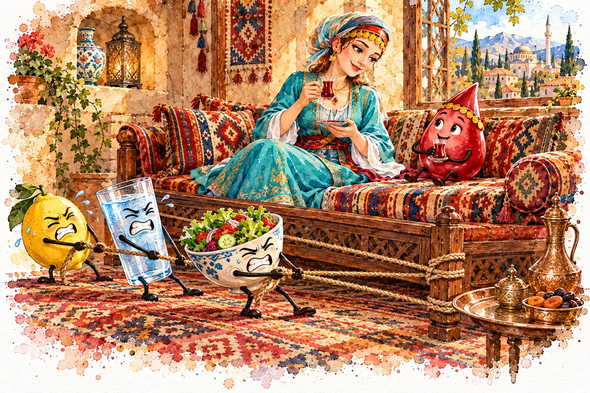 Kan damlası Daye Hatun'la sedirde keyifle çay içiyor; limon, su bardağı ve salata halatlarla sediri çekiyor ama kıpırdatamıyor