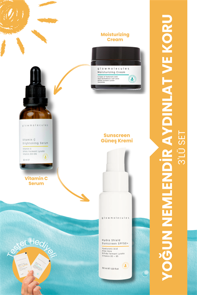 glowmolecules YOĞUN NEMLENDİR AYDINLAT VE KORU 3LÜ SET - MOİSTURİZİNG KREM & VİTAMİN C & GÜNEŞ KREMİ