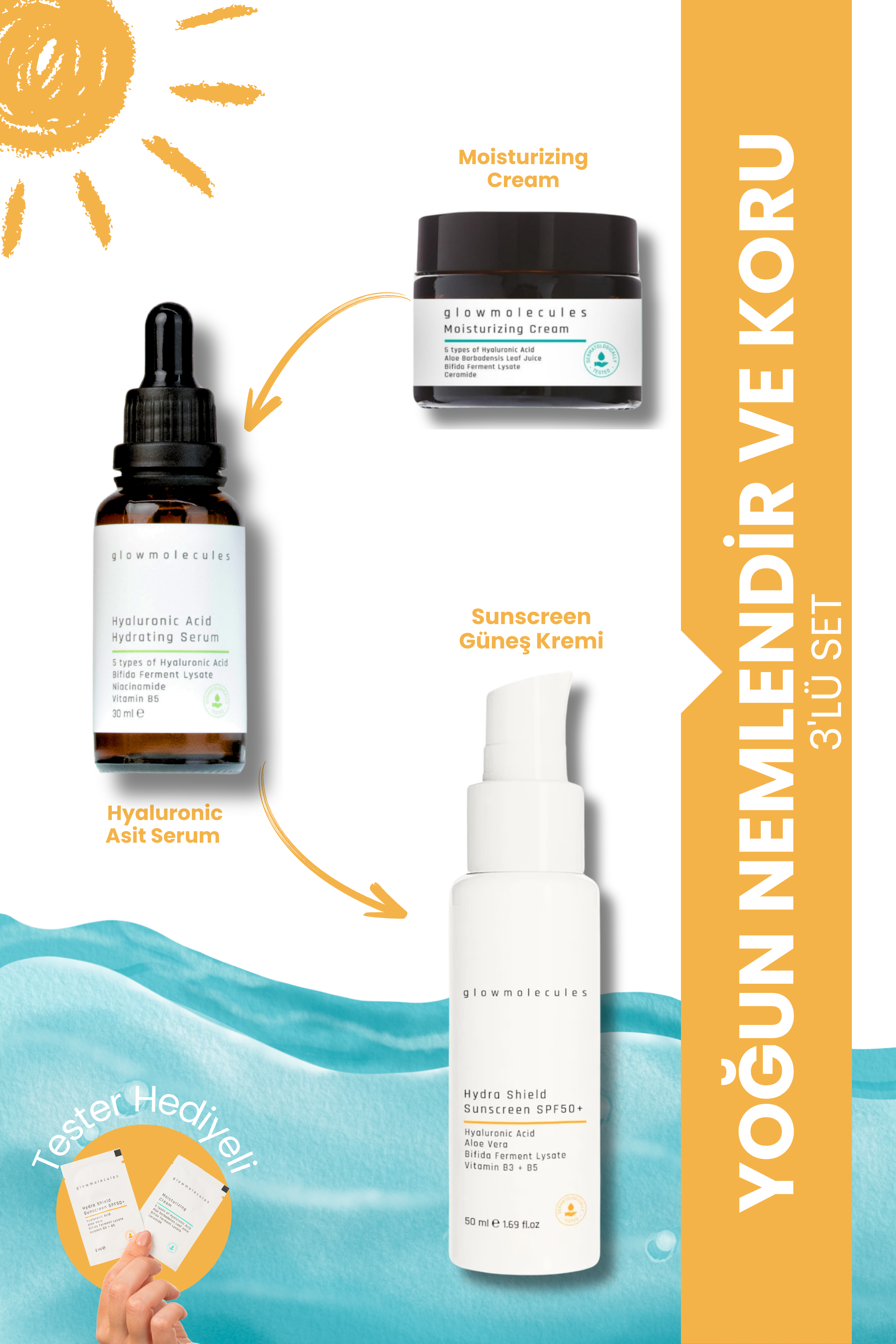 glowmolecules YOĞUN NEMLENDİR VE KORU 3'LÜ SET - MOİSTURİZİNG KREM & HYALURONİC & GÜNEŞ KREMİ