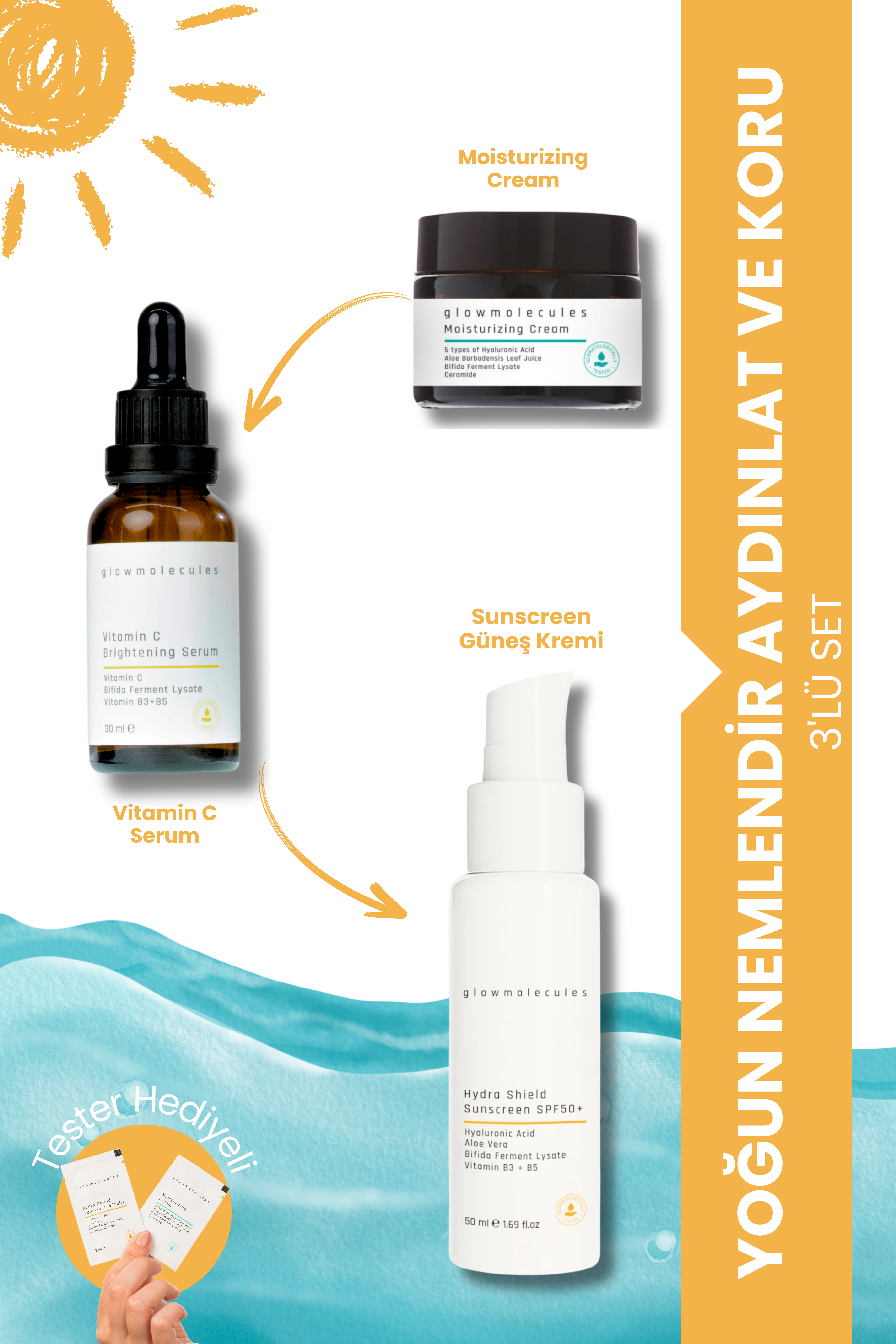 glowmolecules YOĞUN NEMLENDİR AYDINLAT VE KORU 3'LÜ SET - MOİSTURİZİNG KREM & VİTAMİN C & GÜNEŞ KREMİ