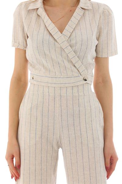 Düğme Detay Çizgili İkili Takım