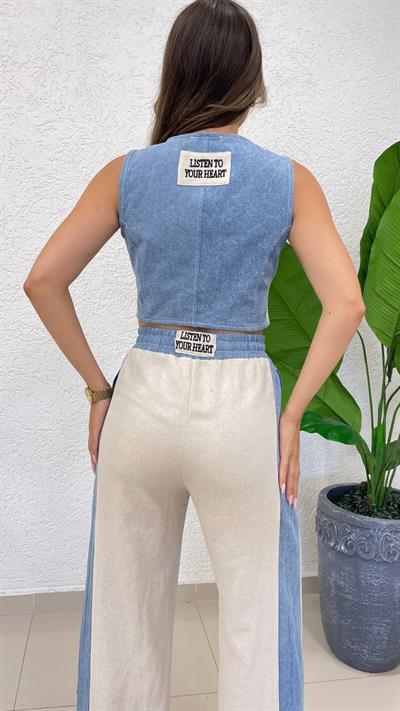 Jean Detaylı Keten İkili Takım