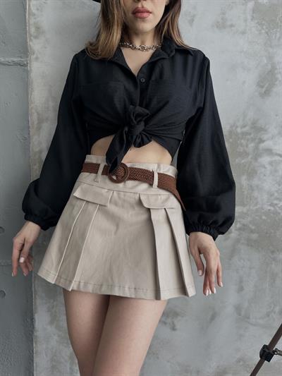 Kemer Detaylı Plise Gabardin Şort Etek