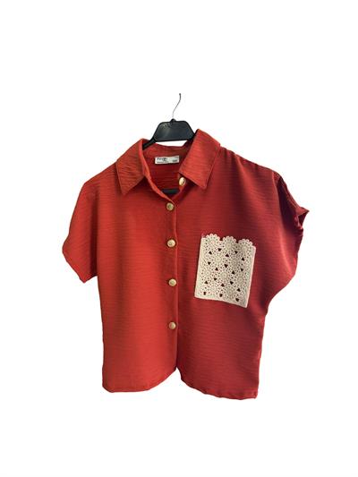 Kiremit Renkli Cep Nakışlı Gömlek