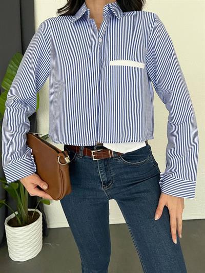 Mavi Çizgili Crop Gömlek