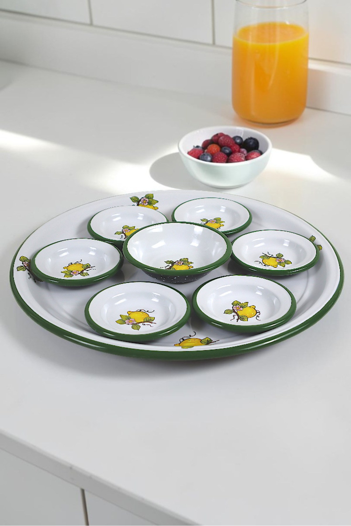 8 Parça Emaye Kahvaltı Seti, Sunum, Kahvaltı Tabağı, Reçellik, Zeytin, Peynir Tabağı, Çeyiz, Hediye