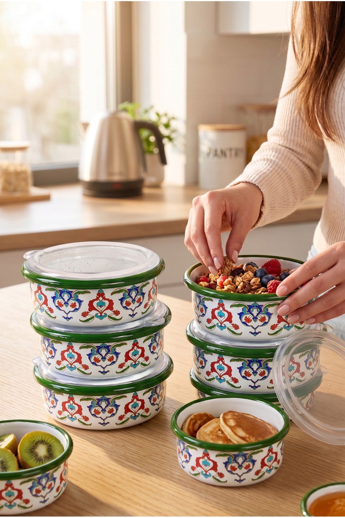 12 Parça 6 lı Emaye Kapaklı Kahvaltı Seti, Kahvaltı Tabağı, Sunum, Zeytin, Reçellik, Peynir Tabağı, Hediye, Çeyiz